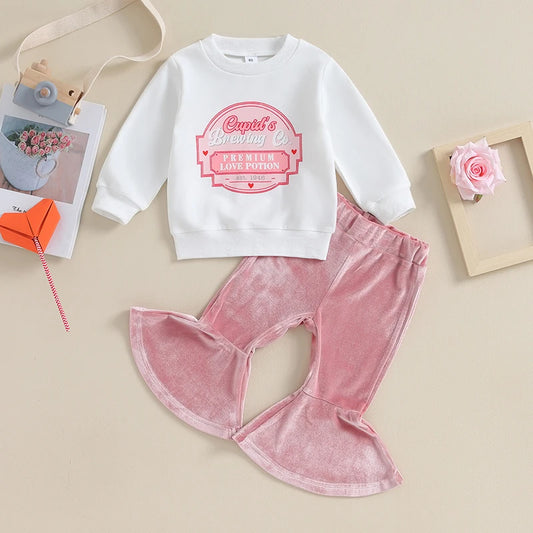 Newborn Baby Girls 2pcs Valentine’s Day Outfits Long Sleeve Graphic Letter Print Sweatshirts+Velvet Flare Pants Toddler Clothes