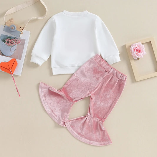 Newborn Baby Girls 2pcs Valentine’s Day Outfits Long Sleeve Graphic Letter Print Sweatshirts+Velvet Flare Pants Toddler Clothes