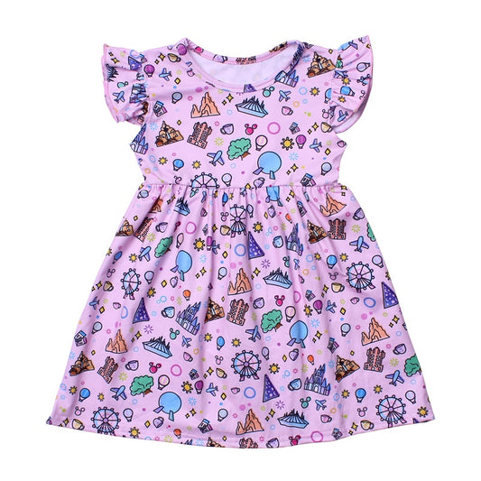 2022  Baby Girls Milk Silk Mickey Print Pearl Dress Knee Length Kids Clothing Cartoon Castle Princess Bow Skirt Sleeveless
