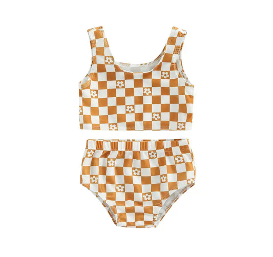 Checkered Smiley Brown Toddler 2 piece Swimsuit