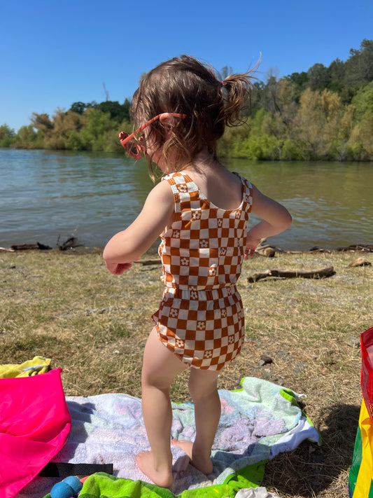 Checkered Smiley Brown Toddler 2 piece Swimsuit