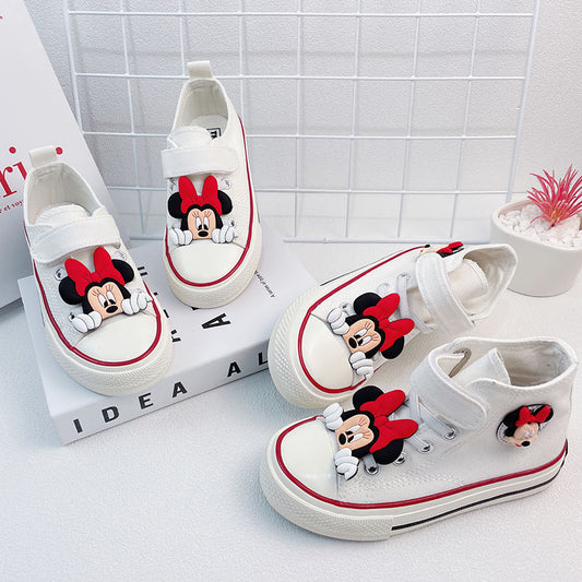 Disney Girls' Canvas Casual Shoes White Children's Autumn Minnie Mickey Mouse Cartoon White Breathable Walking Shoes Size 24-37