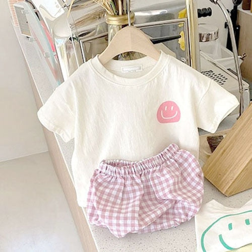 Summer Baby Smile T-shirt and Plaid Bloomer 2Pcs
