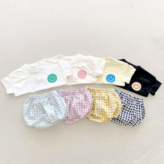 Summer Baby Smile T-shirt and Plaid Bloomer 2Pcs