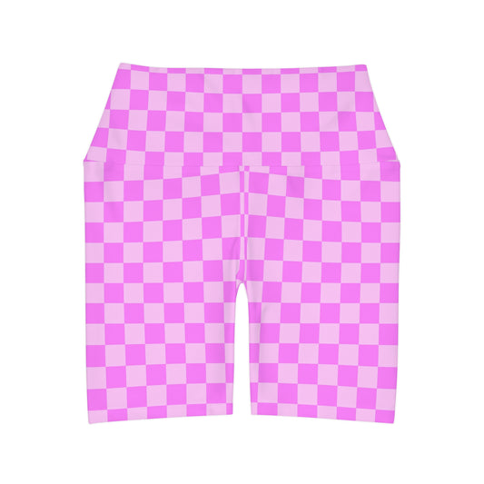 Pink Checkered High Waisted Yoga Shorts (AOP)