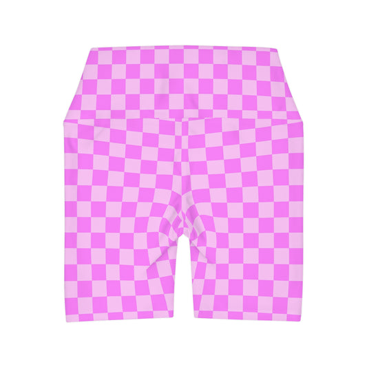 Pink Checkered High Waisted Yoga Shorts (AOP)