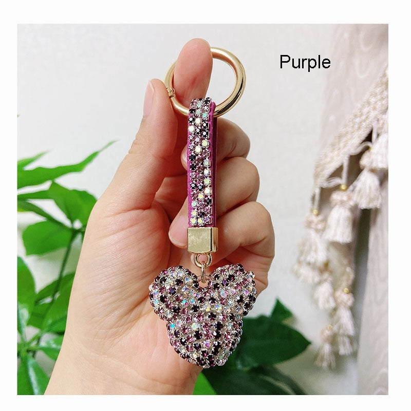 High Quality Strass Rhinestone Mickey Head Keychain Animal Full Crystal Ball Leather Lanyard Key Chain Cute Bag Charms Jewelry