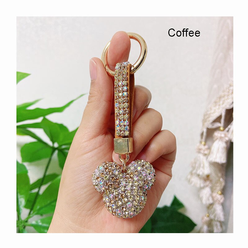 High Quality Strass Rhinestone Mickey Head Keychain Animal Full Crystal Ball Leather Lanyard Key Chain Cute Bag Charms Jewelry