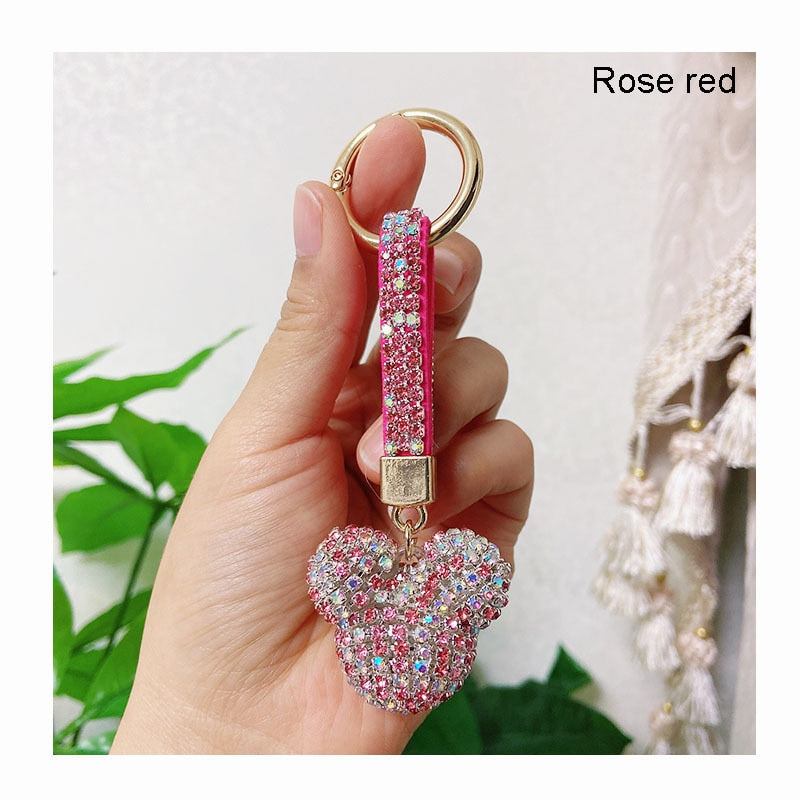 High Quality Strass Rhinestone Mickey Head Keychain Animal Full Crystal Ball Leather Lanyard Key Chain Cute Bag Charms Jewelry