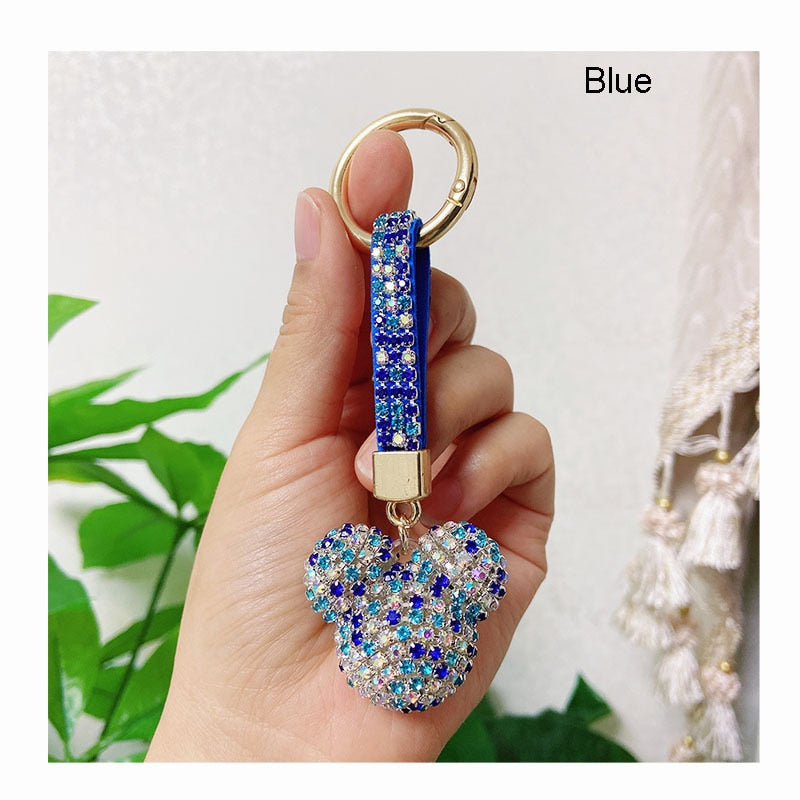 High Quality Strass Rhinestone Mickey Head Keychain Animal Full Crystal Ball Leather Lanyard Key Chain Cute Bag Charms Jewelry