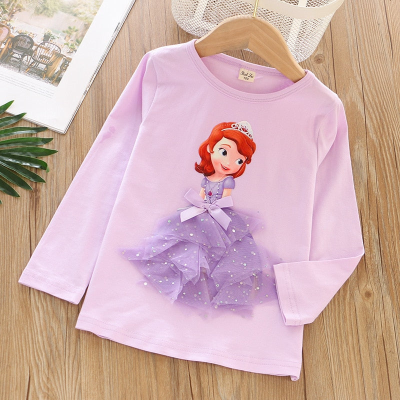 New Tee Shirt Girl Clothing Long Sleeves for Children's T-shirt Girls  Tops Sofia Quality Cotton Frozen Elsa Kids Clothes Ariel