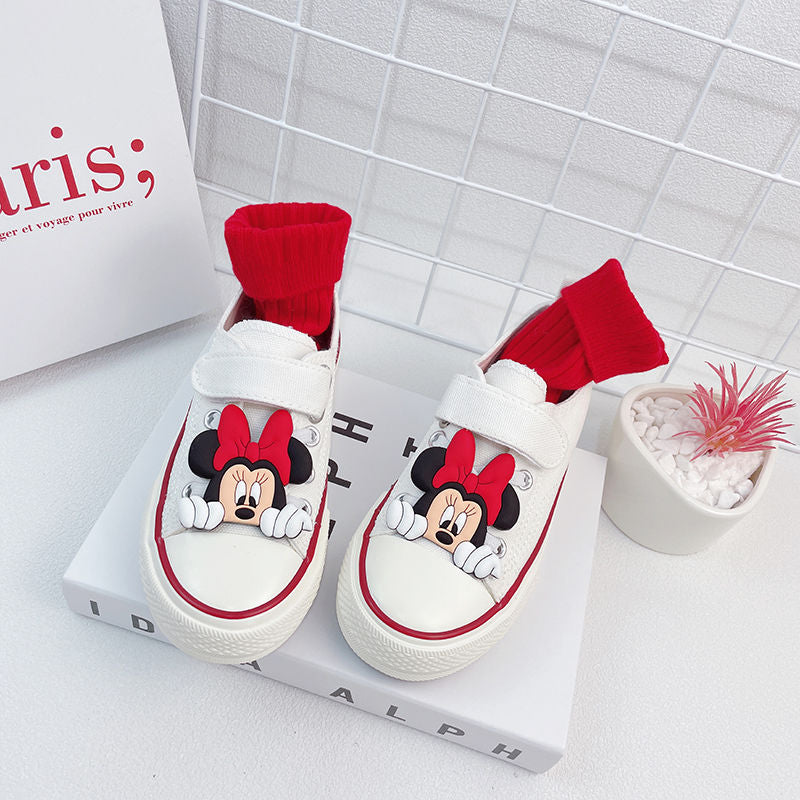 Disney Girls' Canvas Casual Shoes White Children's Autumn Minnie Mickey Mouse Cartoon White Breathable Walking Shoes Size 24-37