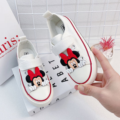 Disney Girls' Canvas Casual Shoes White Children's Autumn Minnie Mickey Mouse Cartoon White Breathable Walking Shoes Size 24-37