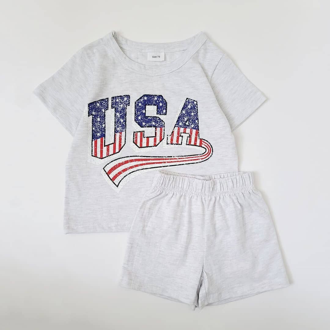 Summer Toddler Girls USA Print Star Stripe T-Shirt and Shorts Set Baby Boy Outfit Set Short-sleeve Tee Kids Clothes Sports Suit