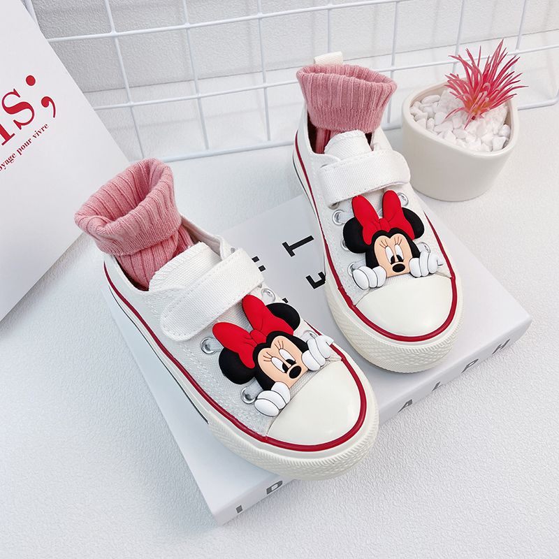 Disney Girls' Canvas Casual Shoes White Children's Autumn Minnie Mickey Mouse Cartoon White Breathable Walking Shoes Size 24-37