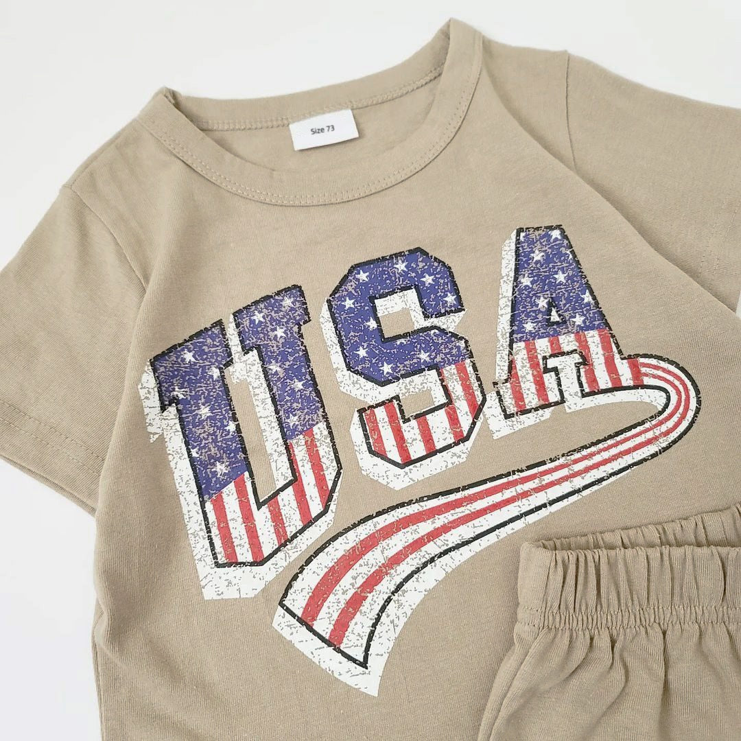 Summer Toddler Girls USA Print Star Stripe T-Shirt and Shorts Set Baby Boy Outfit Set Short-sleeve Tee Kids Clothes Sports Suit