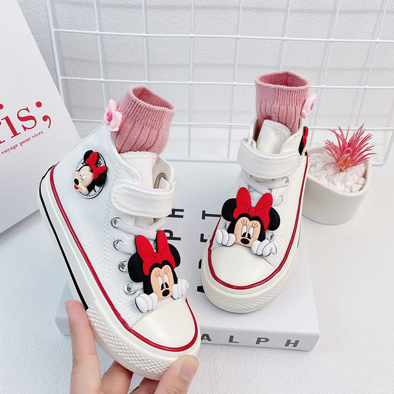 Disney Girls' Canvas Casual Shoes White Children's Autumn Minnie Mickey Mouse Cartoon White Breathable Walking Shoes Size 24-37