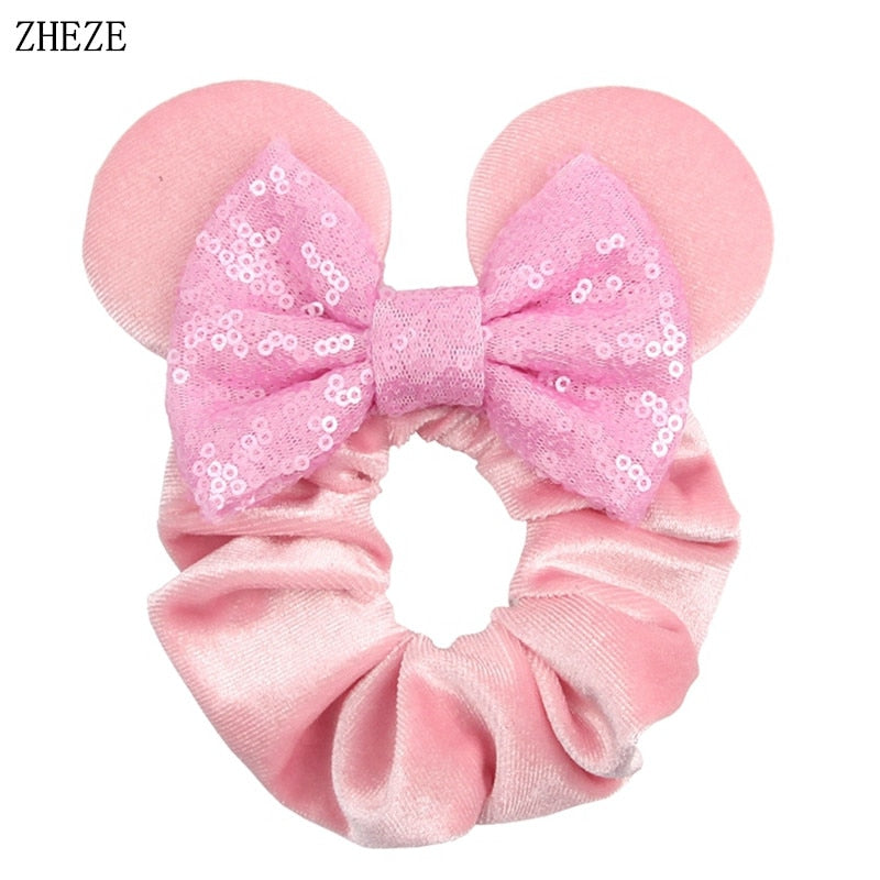 pink velvety minnie mouse bow ears scrunchie