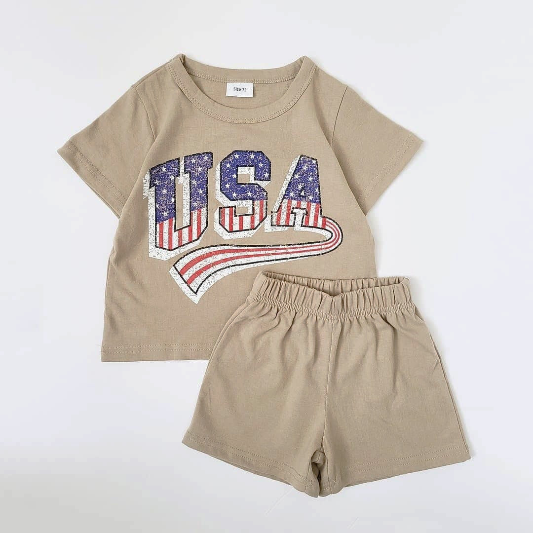 Summer Toddler Girls USA Print Star Stripe T-Shirt and Shorts Set Baby Boy Outfit Set Short-sleeve Tee Kids Clothes Sports Suit