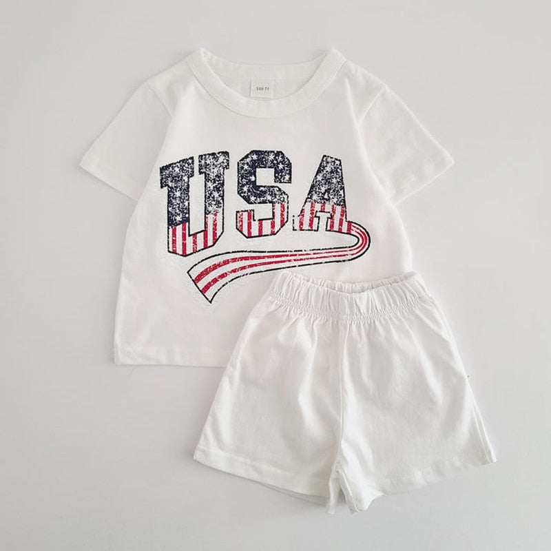 Summer Toddler Girls USA Print Star Stripe T-Shirt and Shorts Set Baby Boy Outfit Set Short-sleeve Tee Kids Clothes Sports Suit