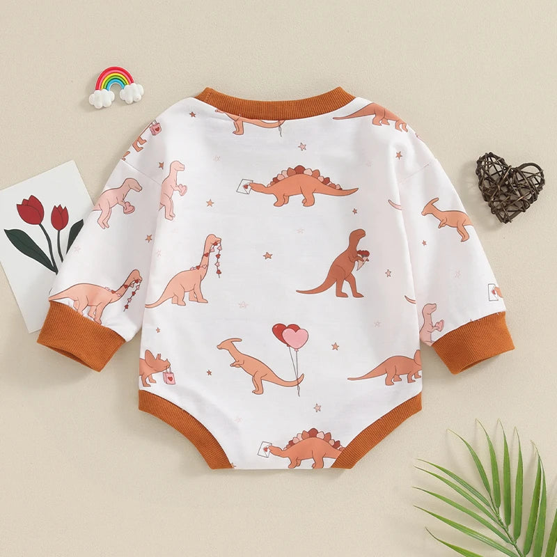 0-18M Newborn Infant Baby Girl Boy Sweatshirt Romper Cute Dinosaur Print Long Sleeve Round Neck Bodysuit Valentines Day Playsuit