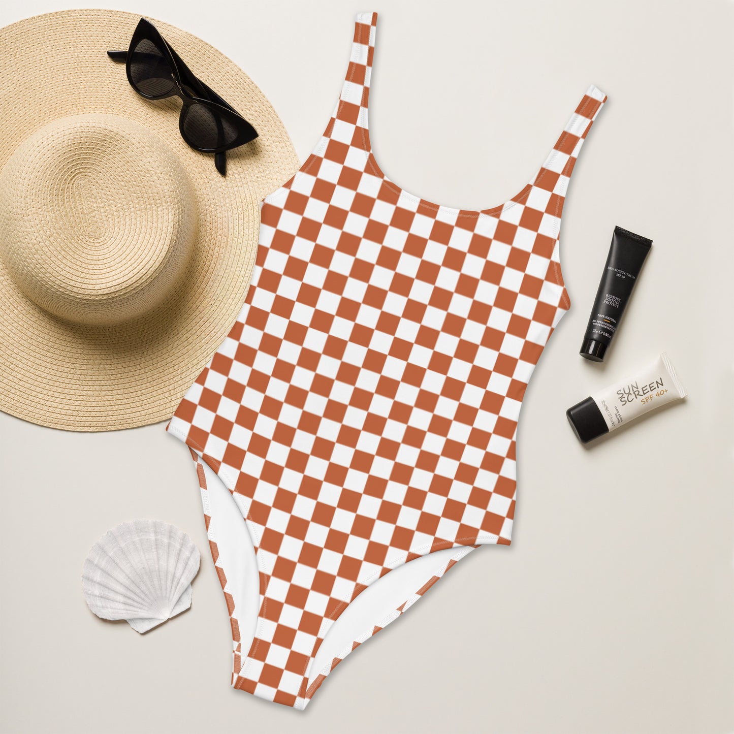 Brown checkered woman’s One-Piece Swimsuit