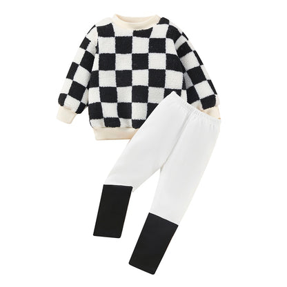 Checkerboard Fleece Pullover + Contrast Color Pants