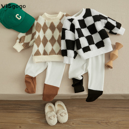 Checkerboard Fleece Pullover + Contrast Color Pants