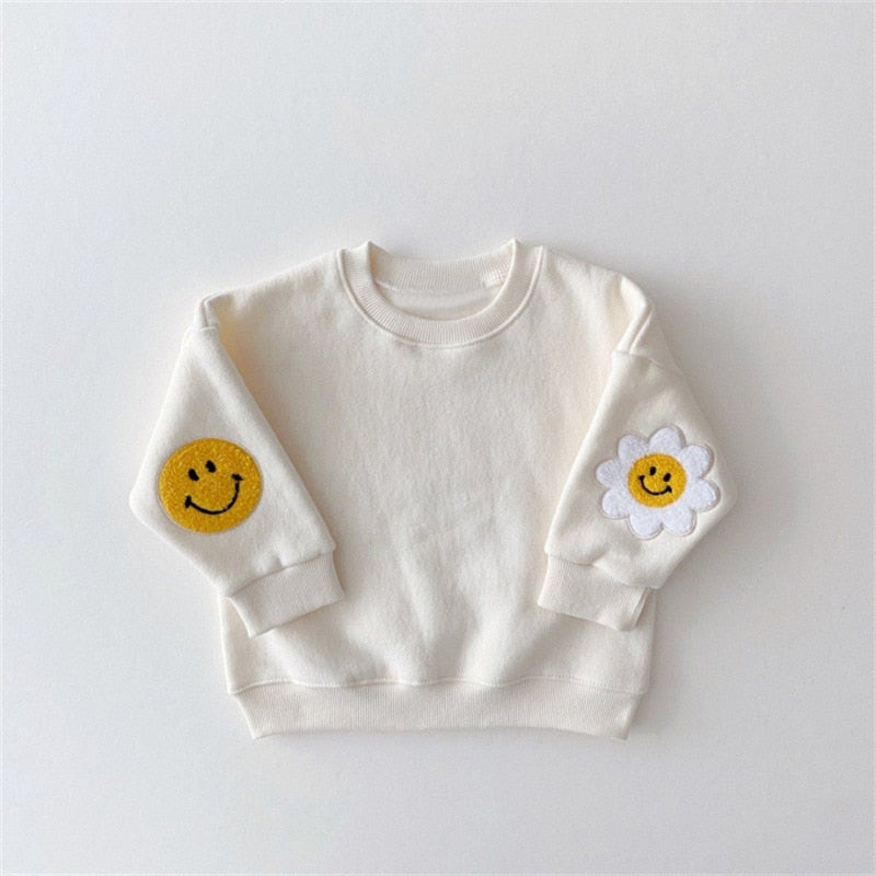 Boys Girls Cute Smile Embroidery Sweatshirt Baby Long Sleeve Pullover Floral Tops Children Casual Sweatshirt