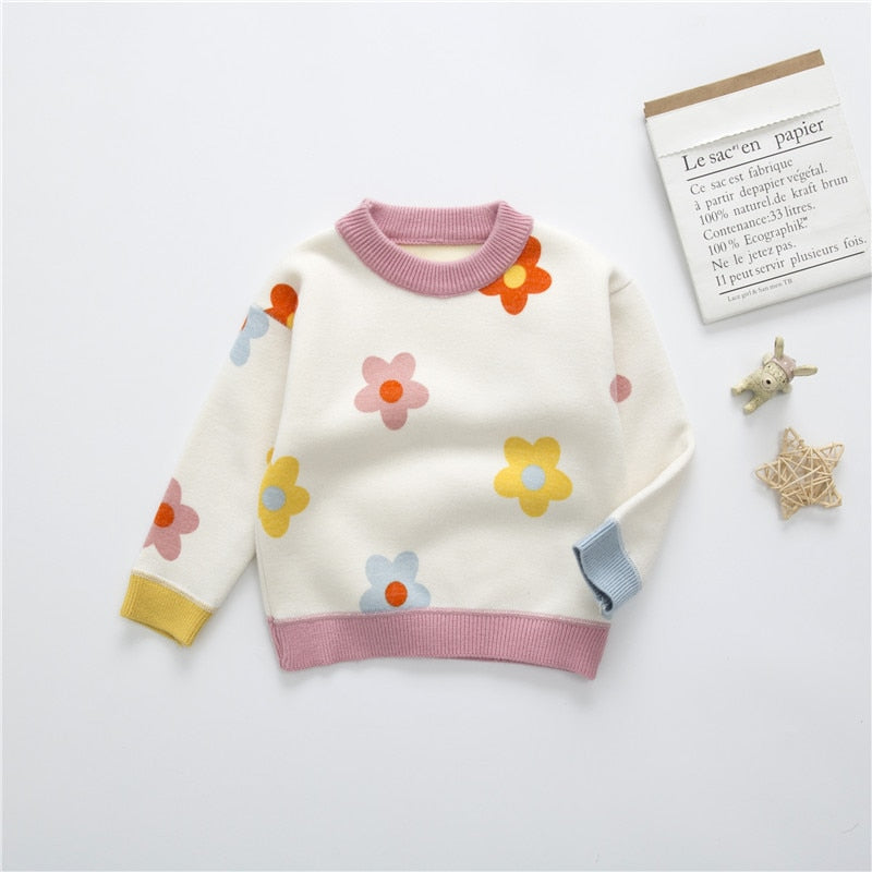 Knitted Sweater Autumn Winter Girls Floral Baby Kids Thick Keep Warm Long Sleeve Casuales Tops Toddler Children Pullover Toddler