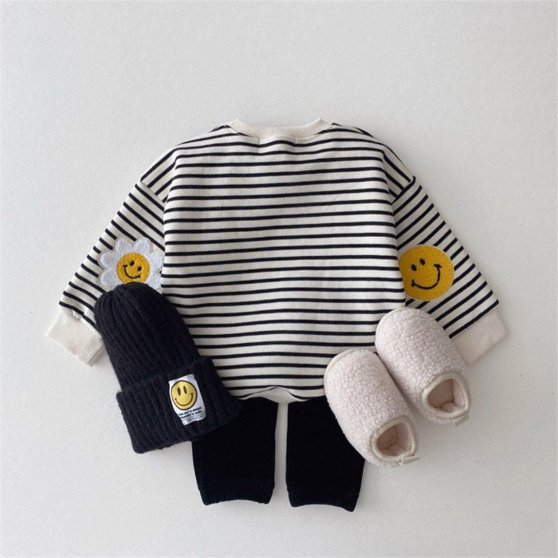 Boys Girls Cute Smile Embroidery Sweatshirt Baby Long Sleeve Pullover Floral Tops Children Casual Sweatshirt