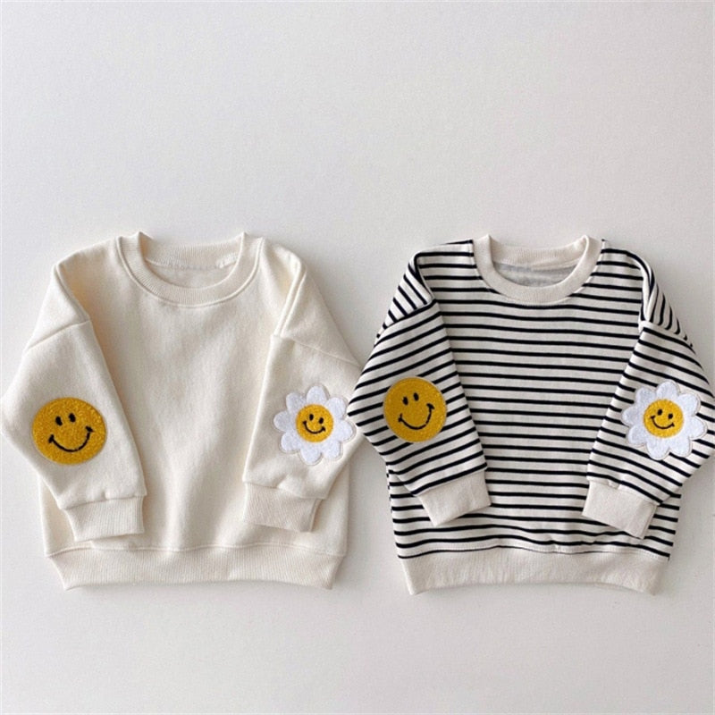 Boys Girls Cute Smile Embroidery Sweatshirt Baby Long Sleeve Pullover Floral Tops Children Casual Sweatshirt