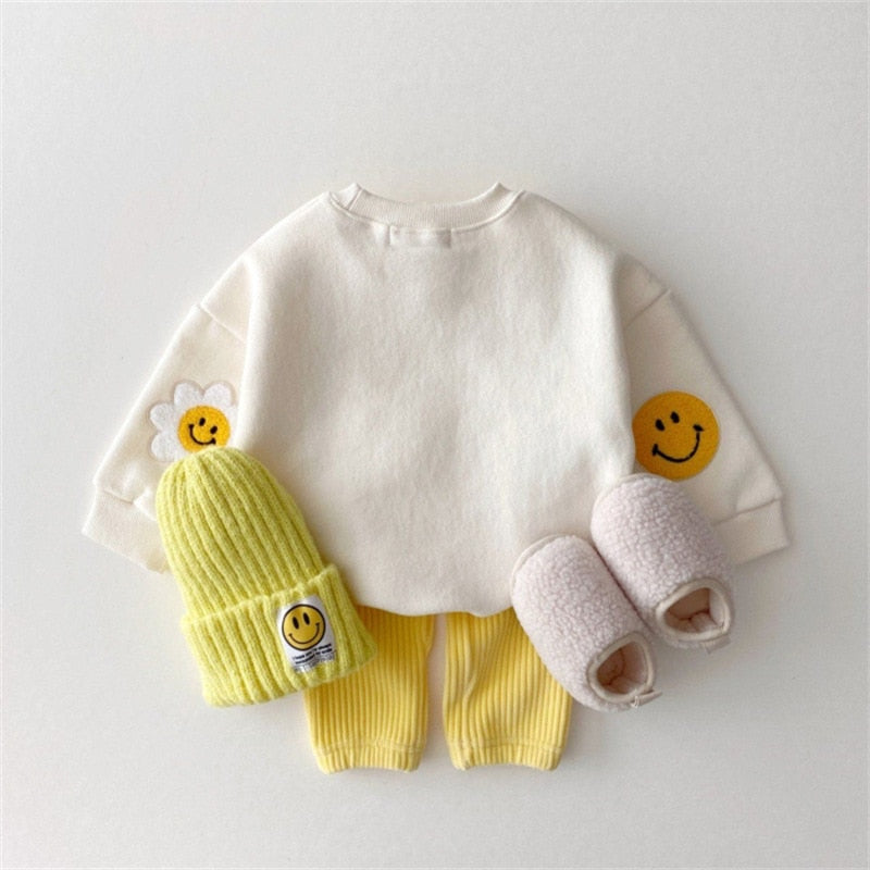 Boys Girls Cute Smile Embroidery Sweatshirt Baby Long Sleeve Pullover Floral Tops Children Casual Sweatshirt