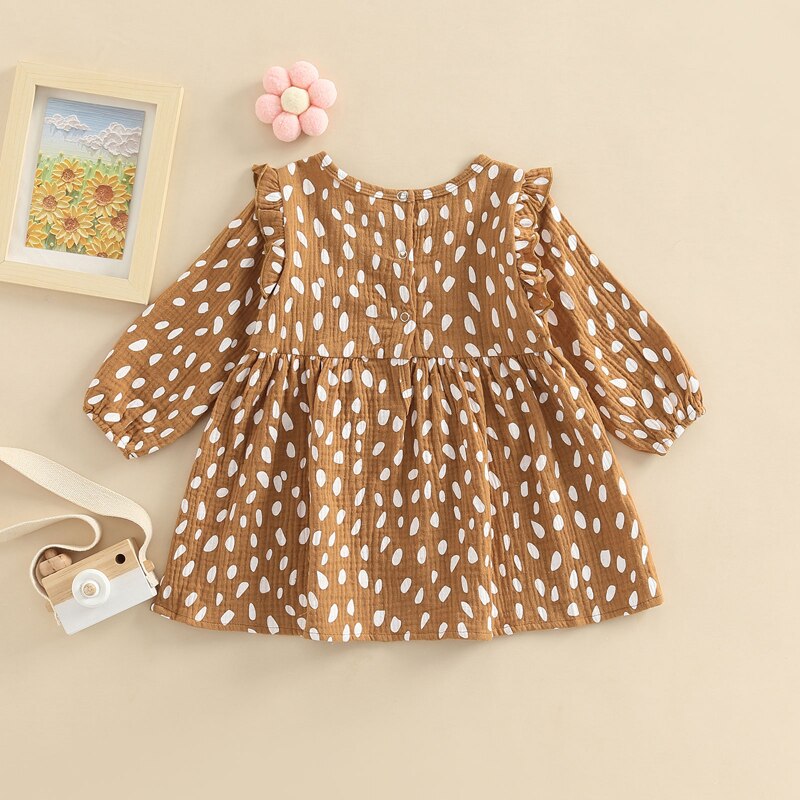 Dot Print Long Sleeve Ruffles Rompers/Pleated A-line Dress