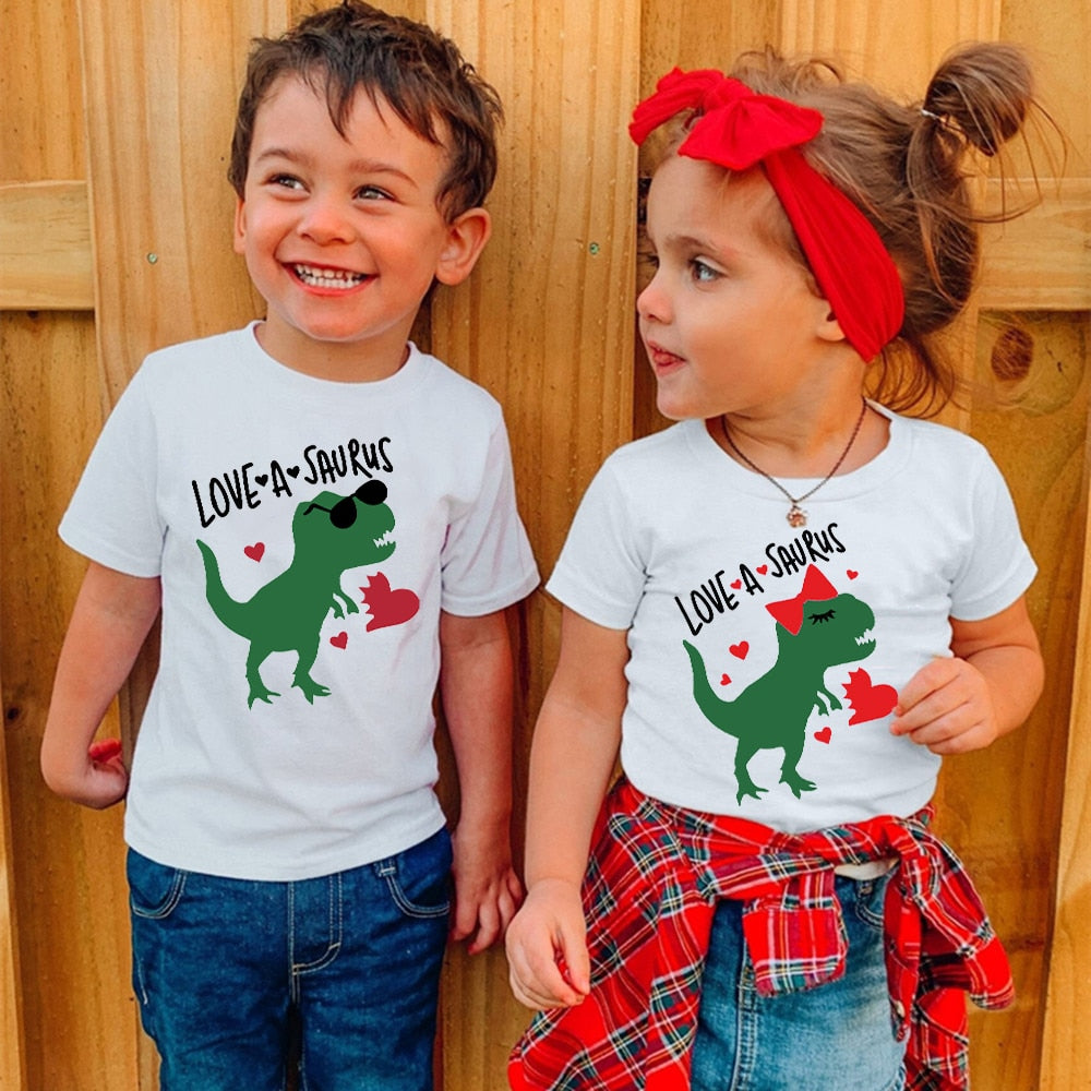 Love A Saurus Shirt Funny Valentine Kids Tshirt Cute Valentines Sibling Matching T-Shirt Valentine Baby Outfit Tops for Boy Girl