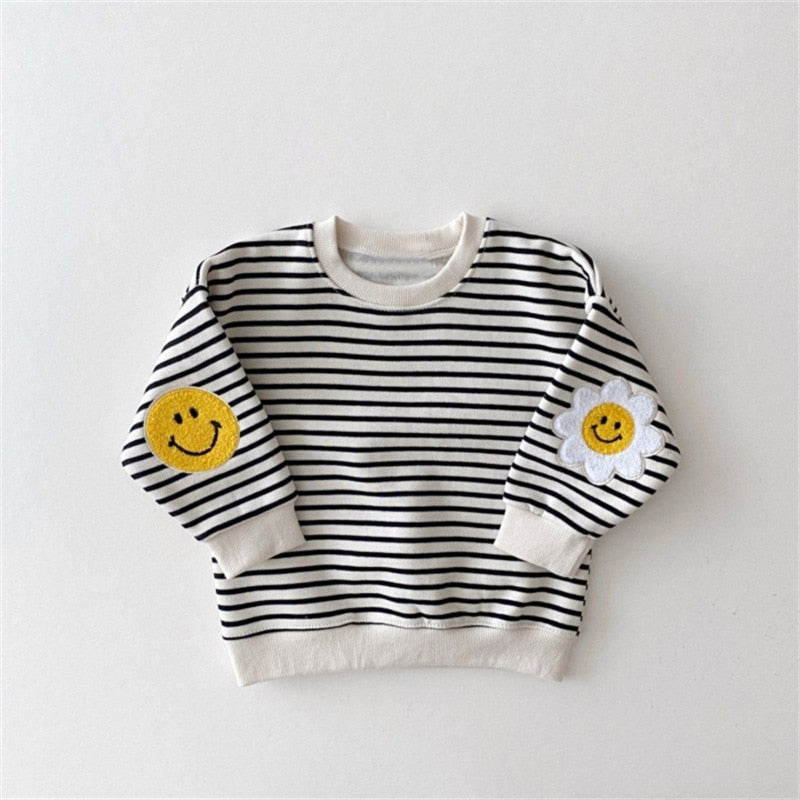 Boys Girls Cute Smile Embroidery Sweatshirt Baby Long Sleeve Pullover Floral Tops Children Casual Sweatshirt