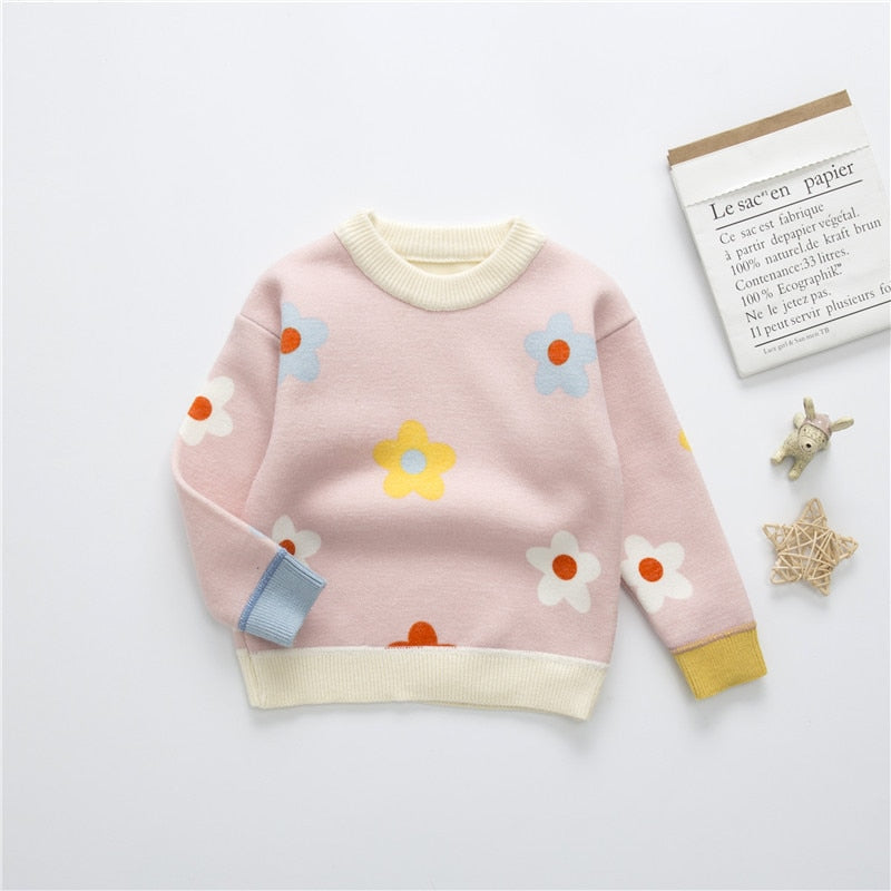 Knitted Sweater Autumn Winter Girls Floral Baby Kids Thick Keep Warm Long Sleeve Casuales Tops Toddler Children Pullover Toddler