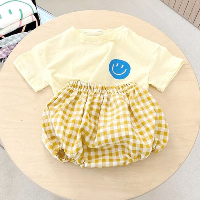 Summer Baby Smile T-shirt and Plaid Bloomer 2Pcs