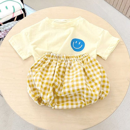 Summer Baby Smile T-shirt and Plaid Bloomer 2Pcs