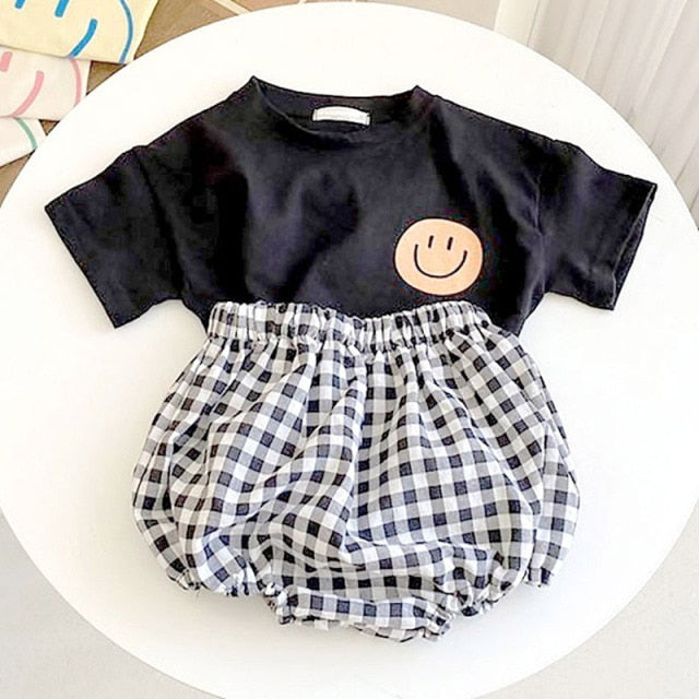 Summer Baby Smile T-shirt and Plaid Bloomer 2Pcs