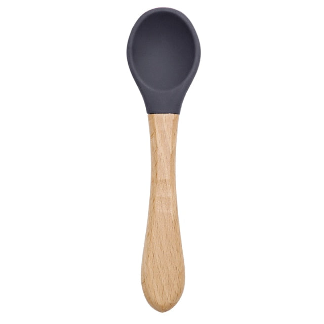 Wooden Handle Silicone Spoon For Baby Spoon