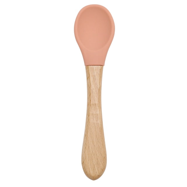 Wooden Handle Silicone Spoon For Baby Spoon